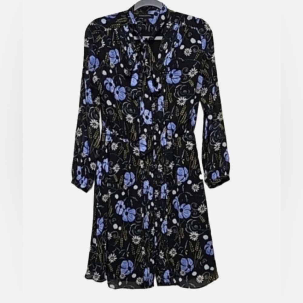 Banana Republic Black Floral Tie Neck Button Front Shirt Dress Sz S SLong Sleeve - Picture 3 of 9
